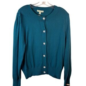 Ryegrass Cardigan Women XL Celestial Teal Cotton Cashmere Rhinestone Button NEW